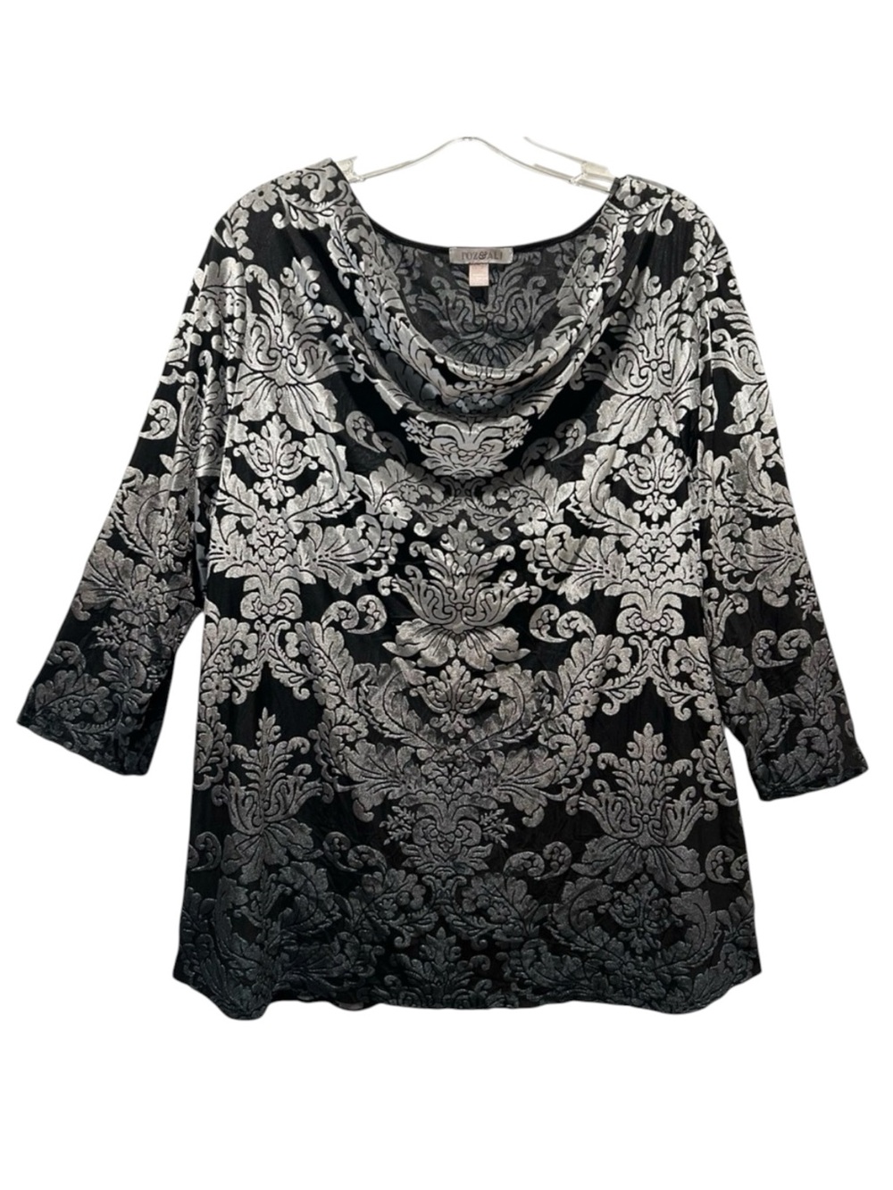 Black & Silver Ombre Burnout Velvet Tunic, Draped Neckline - Size 2X
